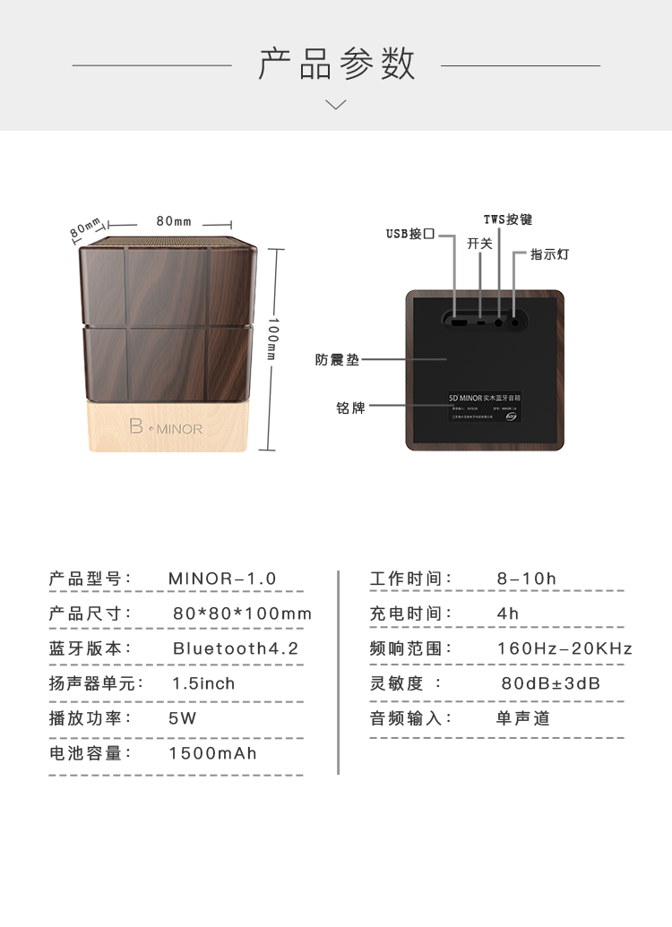 新5D Minor巧克力手機(jī)無線藍(lán)牙木質(zhì)桌面音箱胡桃木對箱精致禮品